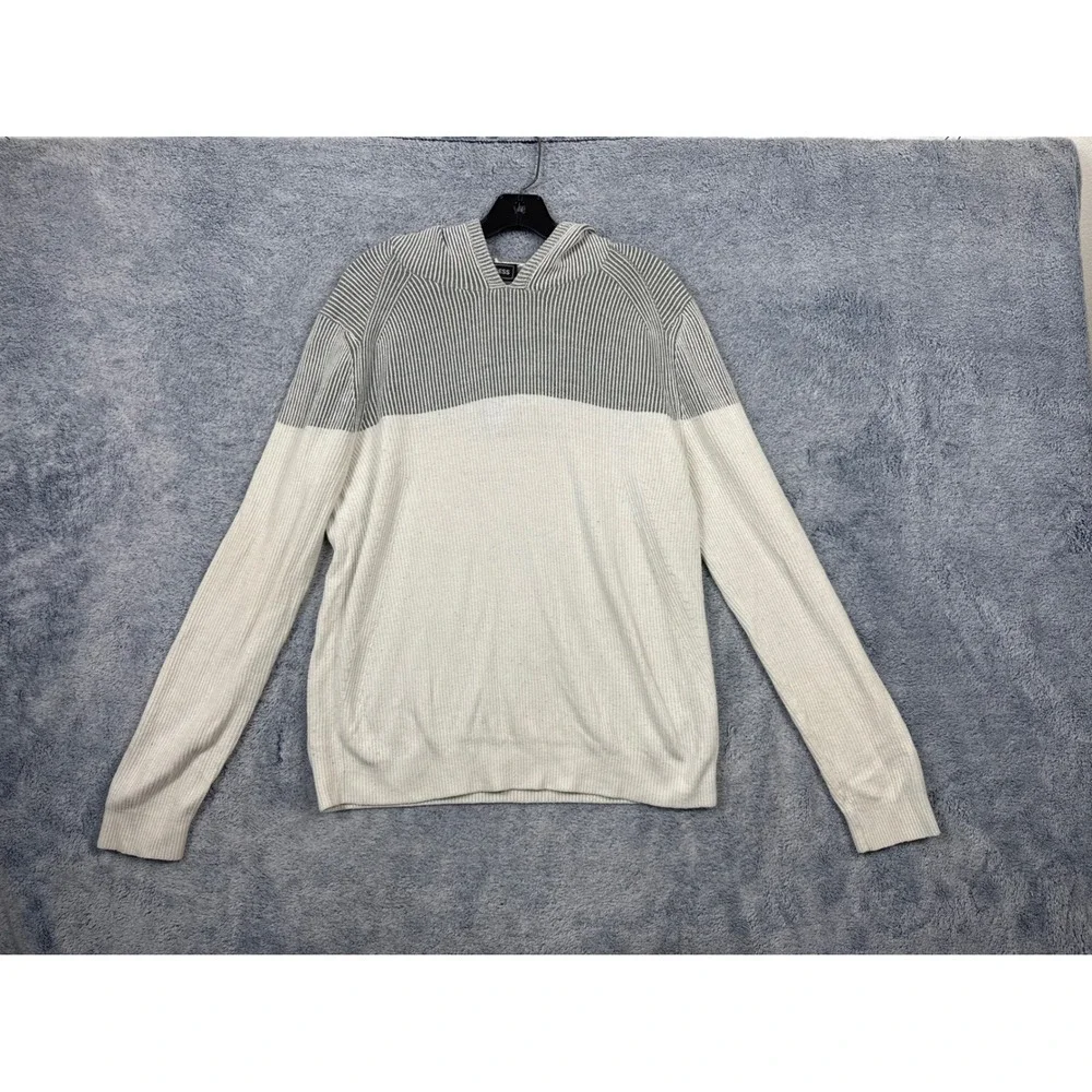 Express Mens M White Grey Hooded Sweater Colorblock Ribbed Knit Pullover